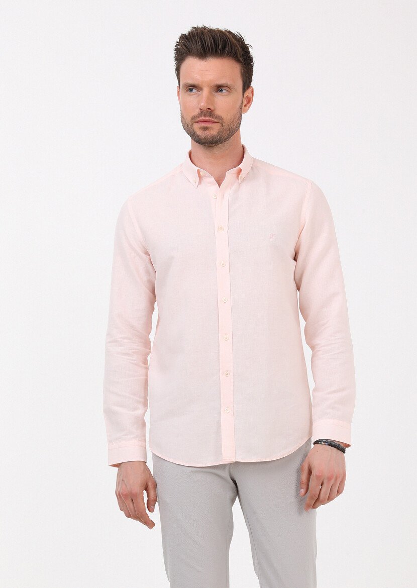 Pembe Düz Regular Fit Dokuma Casual Pamuk Karışımlı Gömlek 