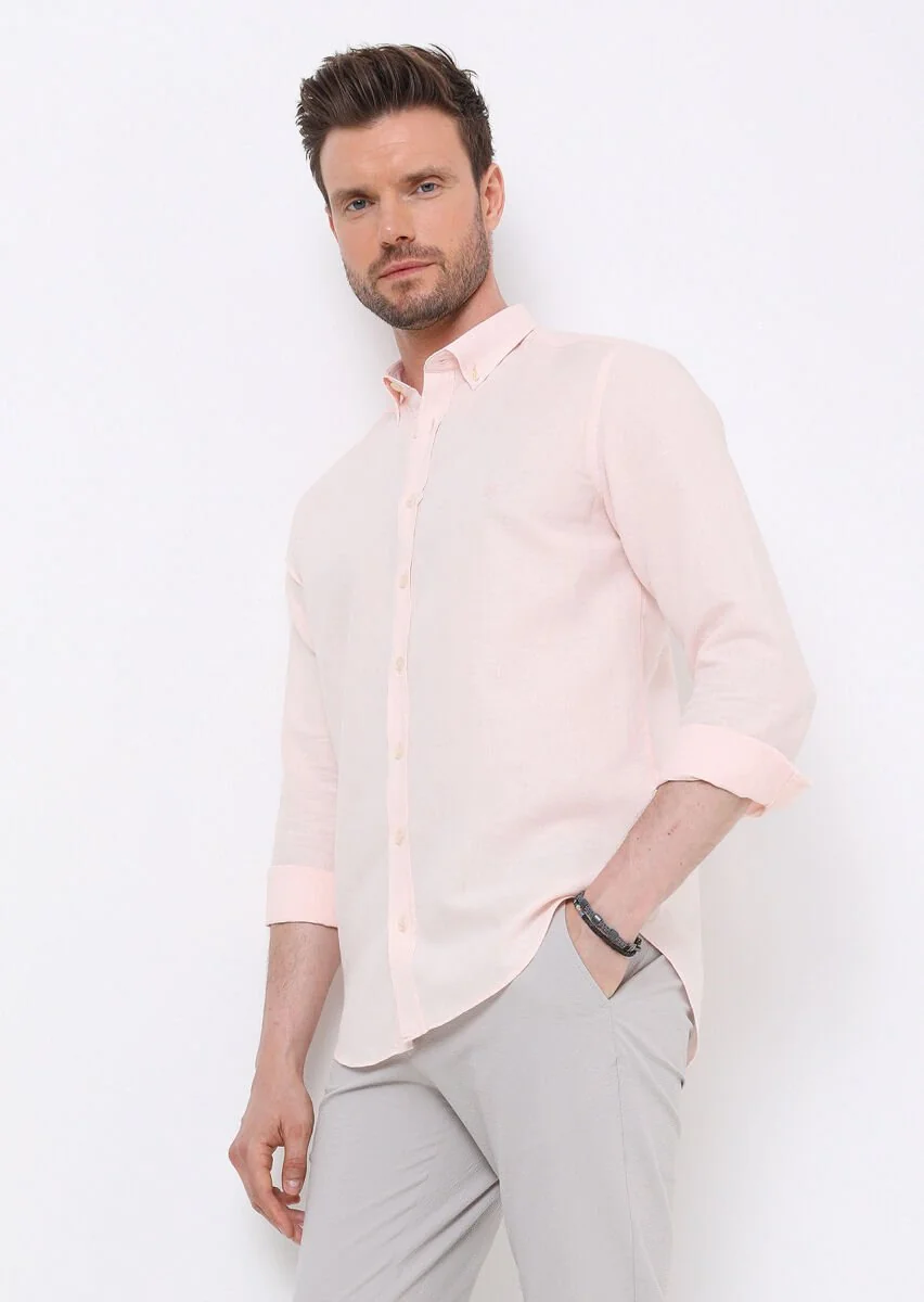 Pembe Düz Regular Fit Dokuma Casual Pamuk Karışımlı Gömlek - 4