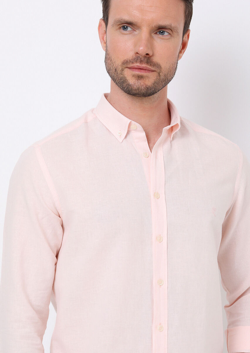 Pembe Düz Regular Fit Uzun Dokuma Casual Pamuk Karışımlı Gömlek - 3