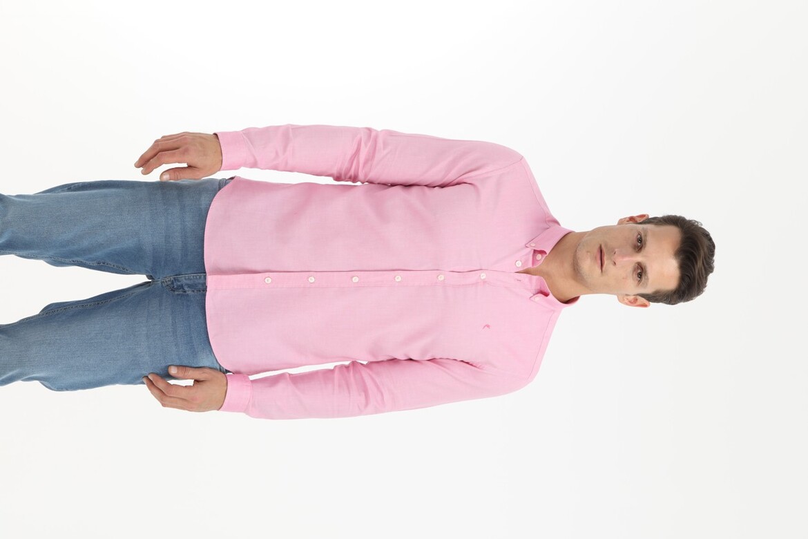 Pembe Düz Slim Fit Dokuma Casual %100 Pamuk Gömlek - 2