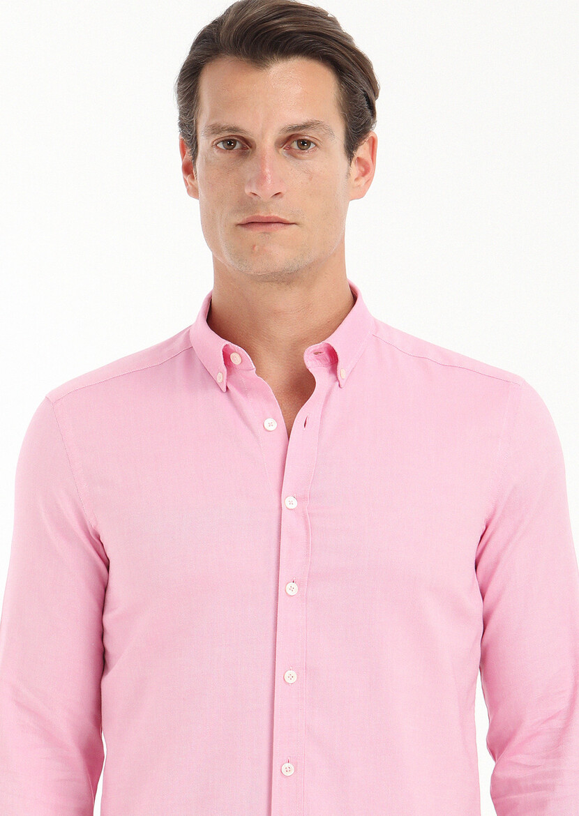 Pembe Düz Slim Fit Dokuma Casual %100 Pamuk Gömlek - 3