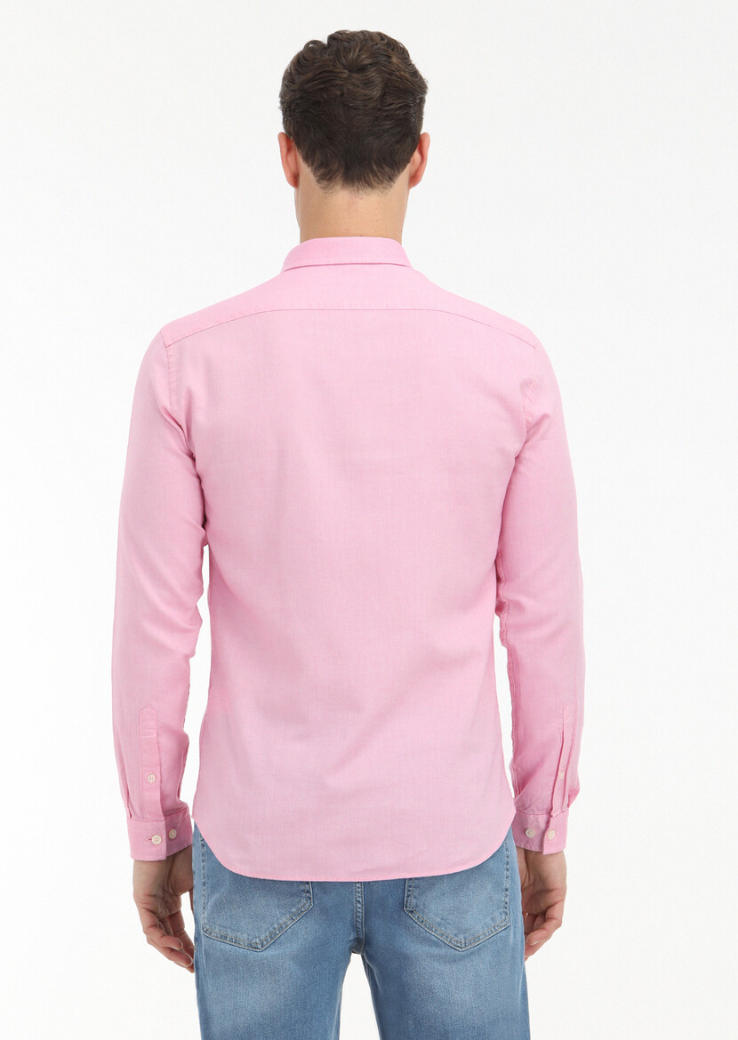 Pembe Düz Slim Fit Dokuma Casual %100 Pamuk Gömlek - 4