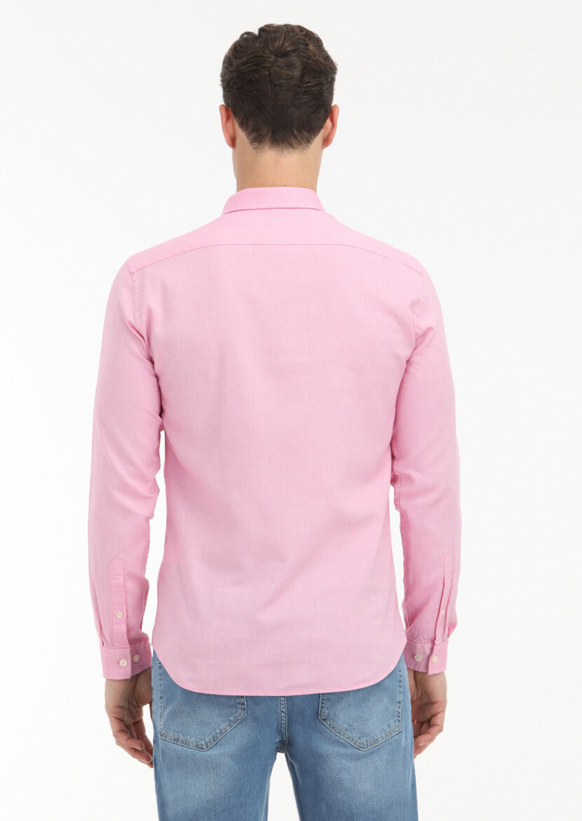 Pembe Düz Slim Fit Uzun Dokuma Casual %100 Pamuk Gömlek - 3
