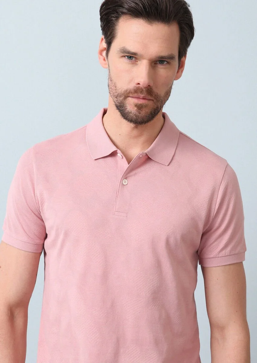 Pembe Jakarlı Polo Yaka %100 Pamuk T-Shirt - 1