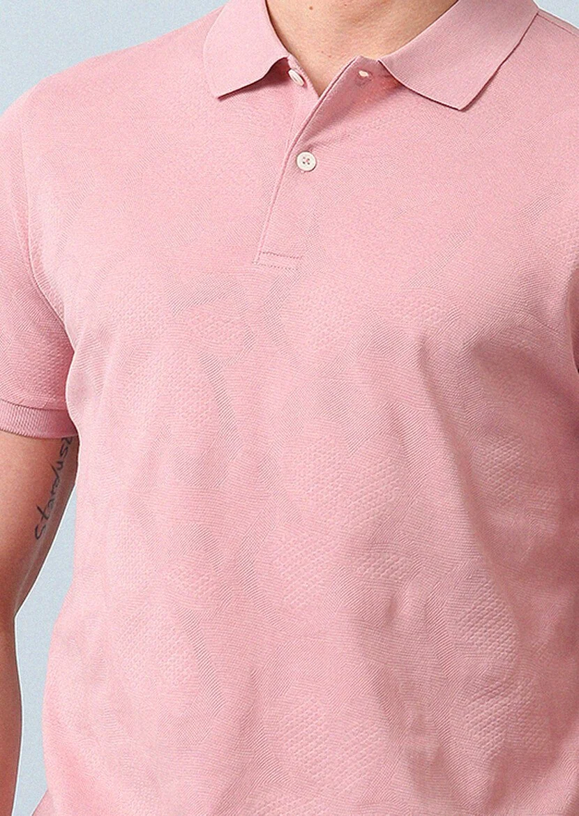 Pembe Jakarlı Polo Yaka %100 Pamuk T-Shirt - 3