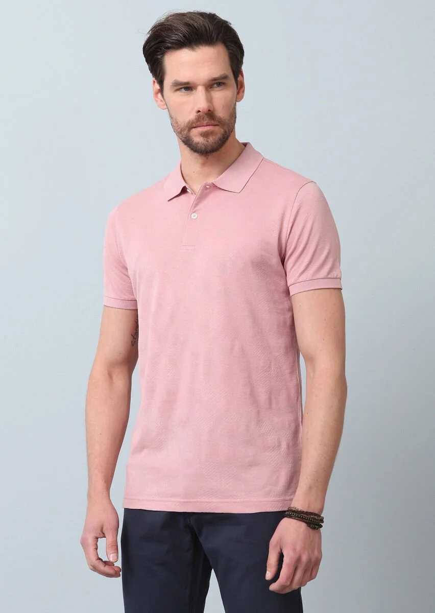 Pembe Jakarlı Polo Yaka %100 Pamuk T-Shirt - 4