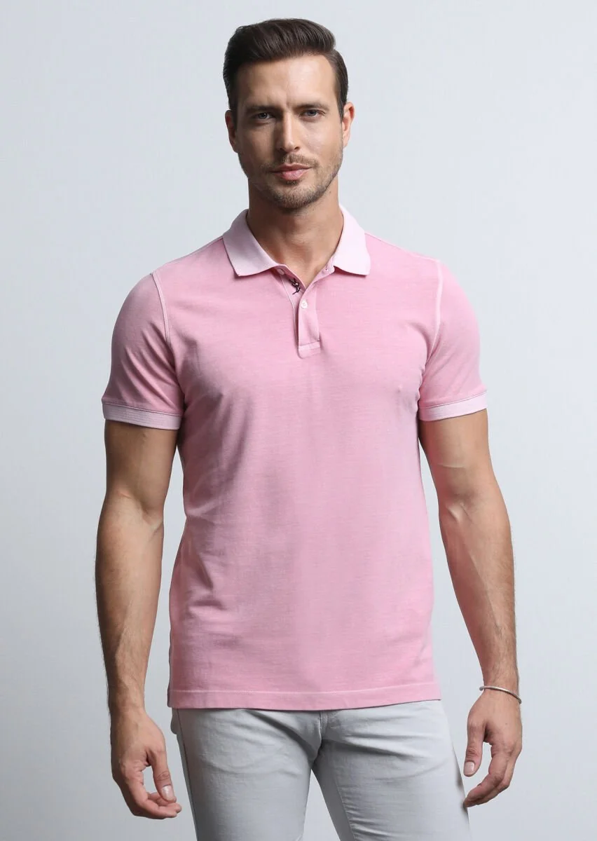 Pembe Jakarlı Polo Yaka %100 Pamuk T-Shirt - 3