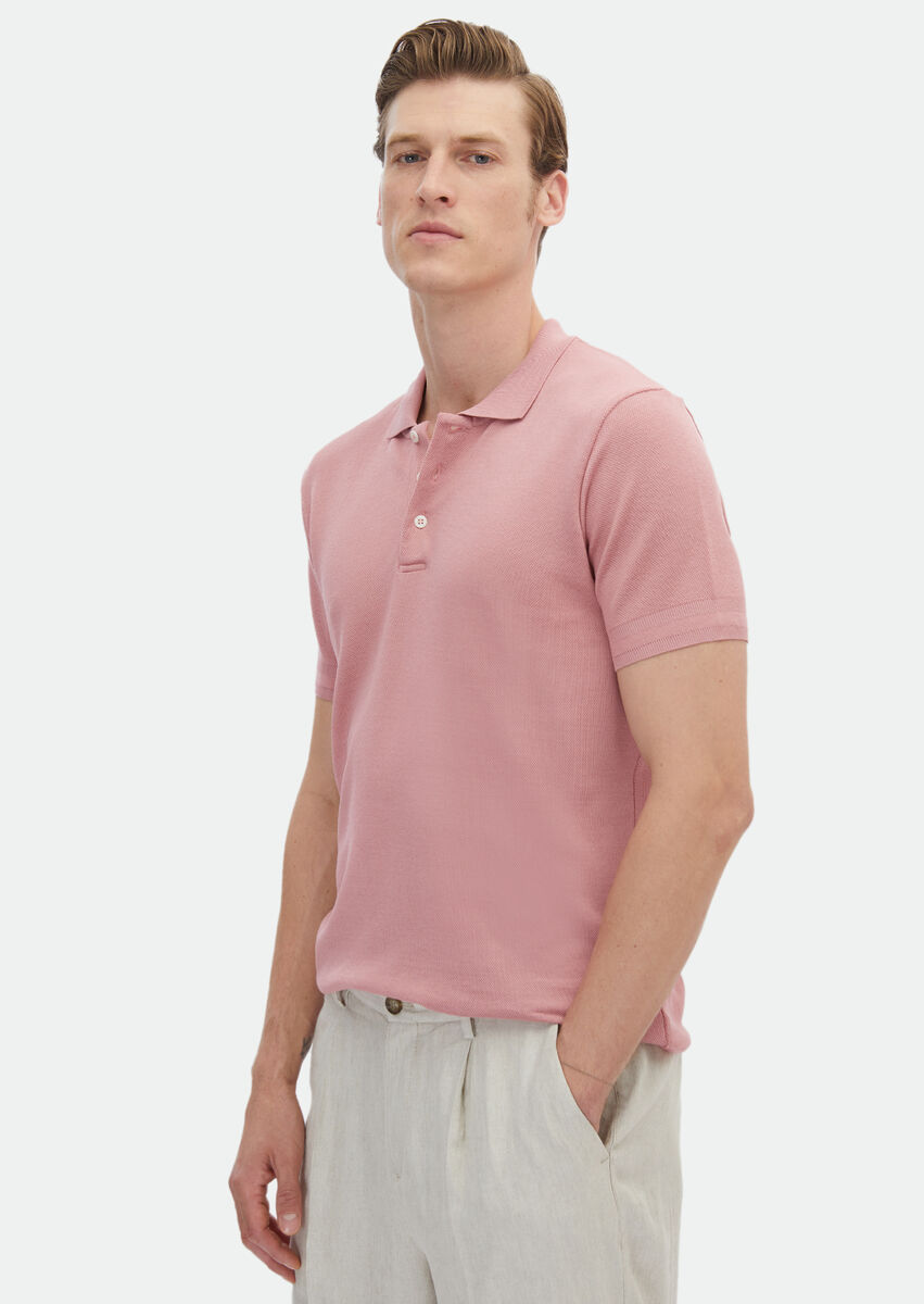 Pembe Jakarlı Polo Yaka %100 Pamuk T-Shirt - 1