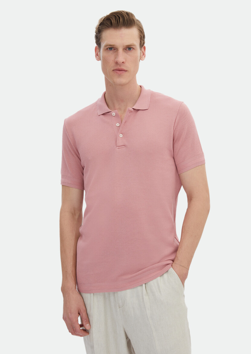 Pembe Jakarlı Polo Yaka %100 Pamuk T-Shirt - 3