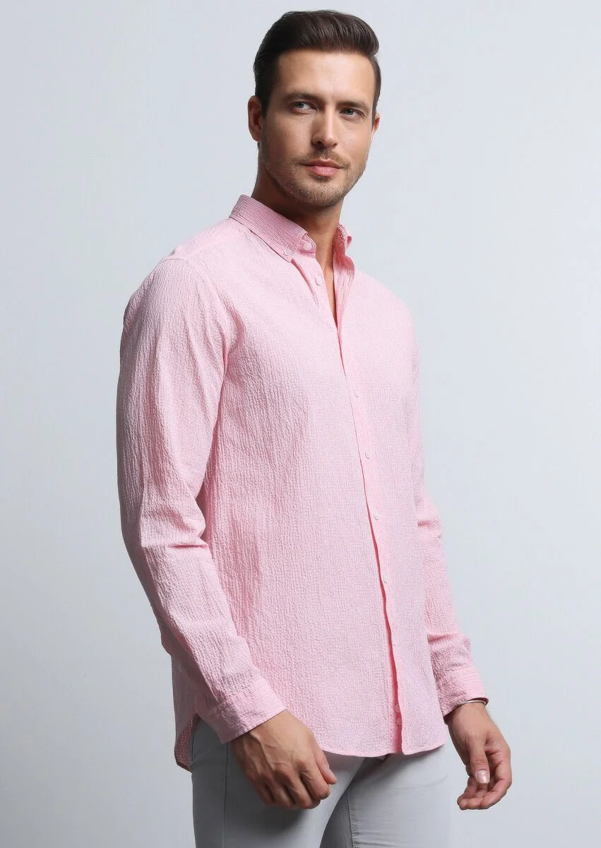 Pembe Kareli Regular Fit Dokuma Denim Pamuk Karışımlı Gömlek - 3