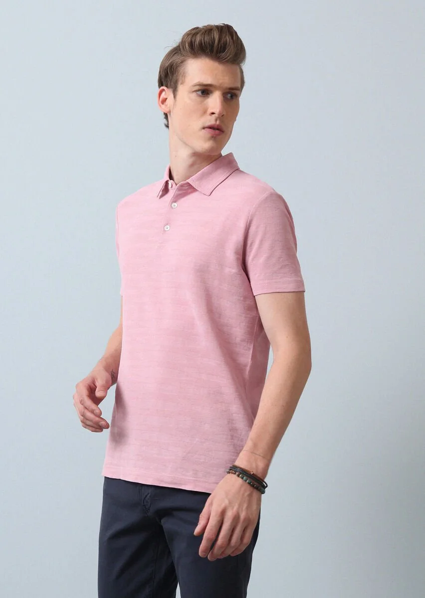 Pembe Polo Yaka %100 Pamuk T-Shirt - 1