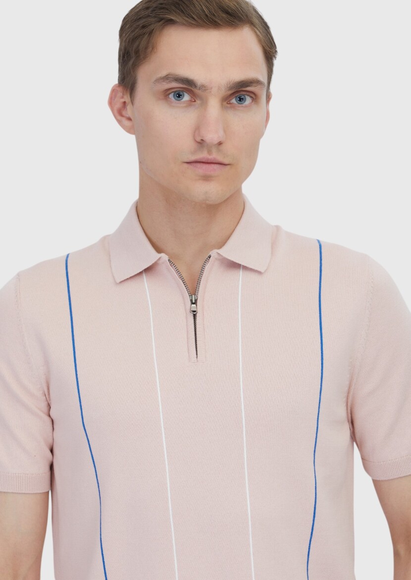 Pembe Polo Yaka Çizgili Pamuk Karışımlı Triko - 3