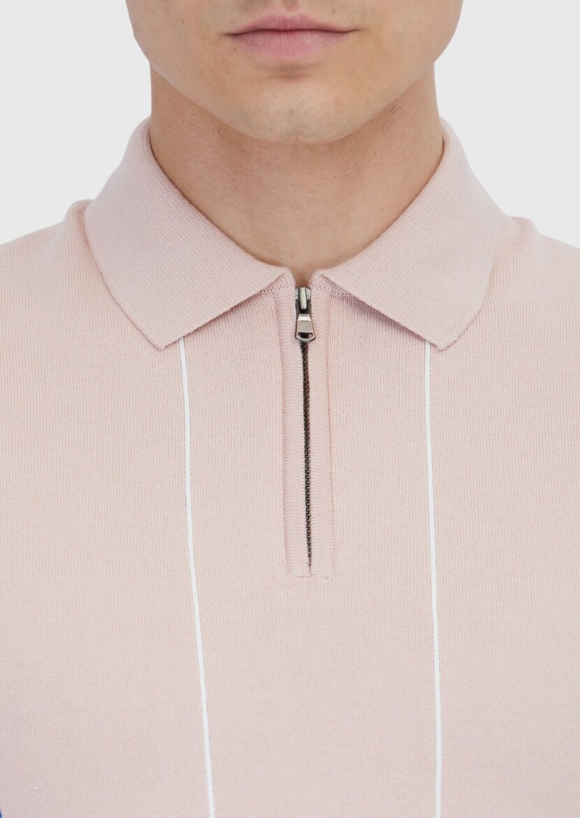 Pembe Polo Yaka Çizgili Pamuk Karışımlı Triko - 5
