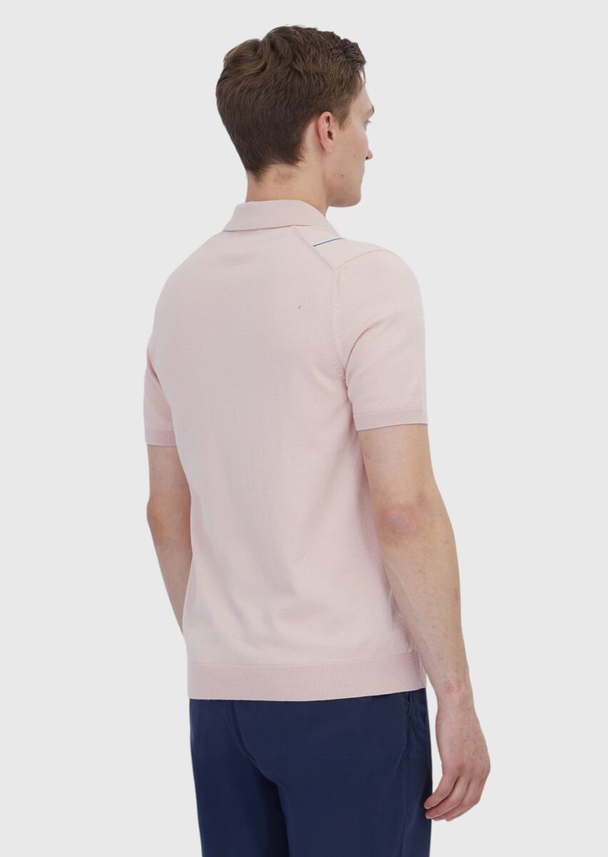 Pembe Polo Yaka Çizgili Pamuk Karışımlı Triko - 6