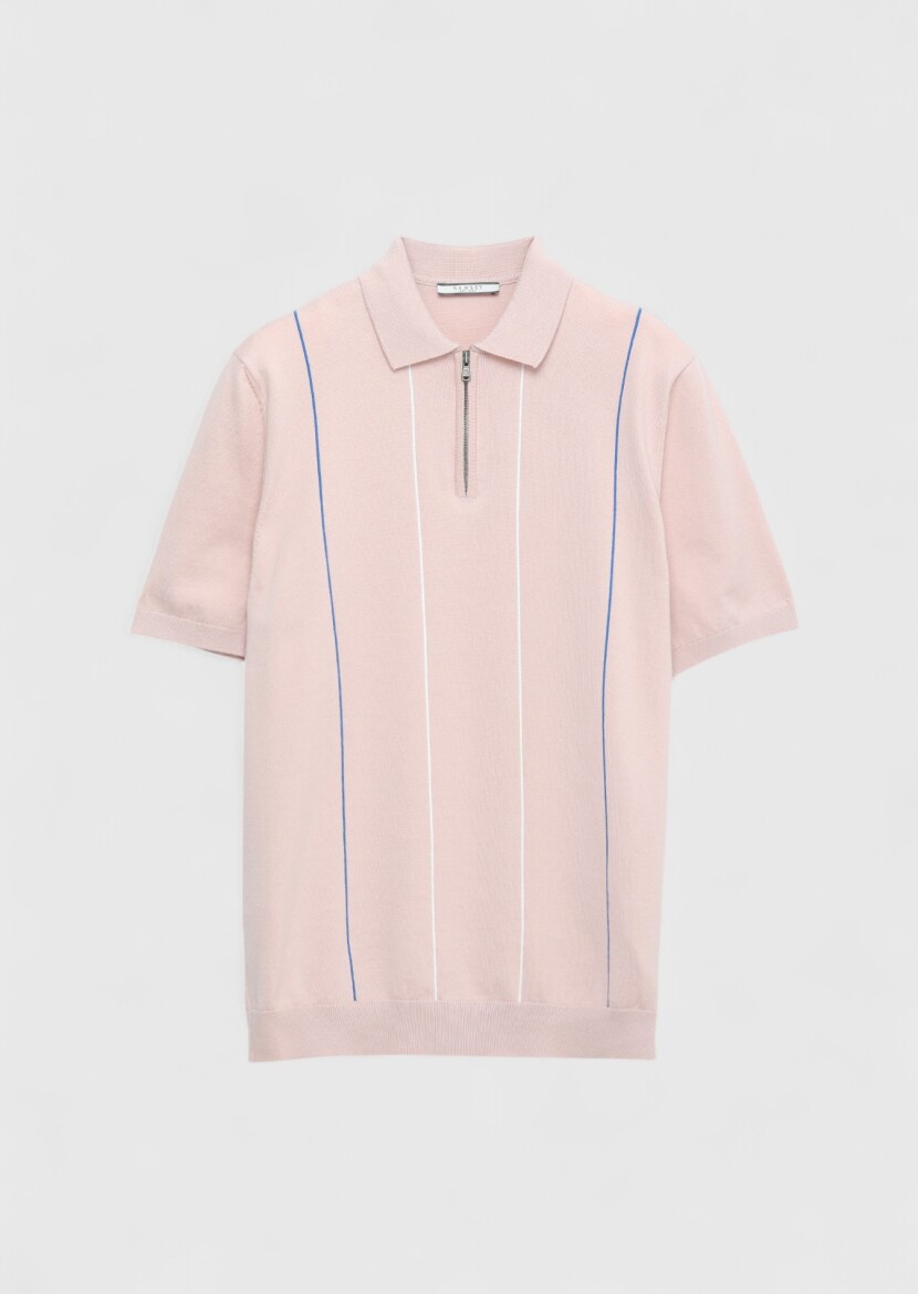 Pembe Polo Yaka Çizgili Pamuk Karışımlı Triko - 7