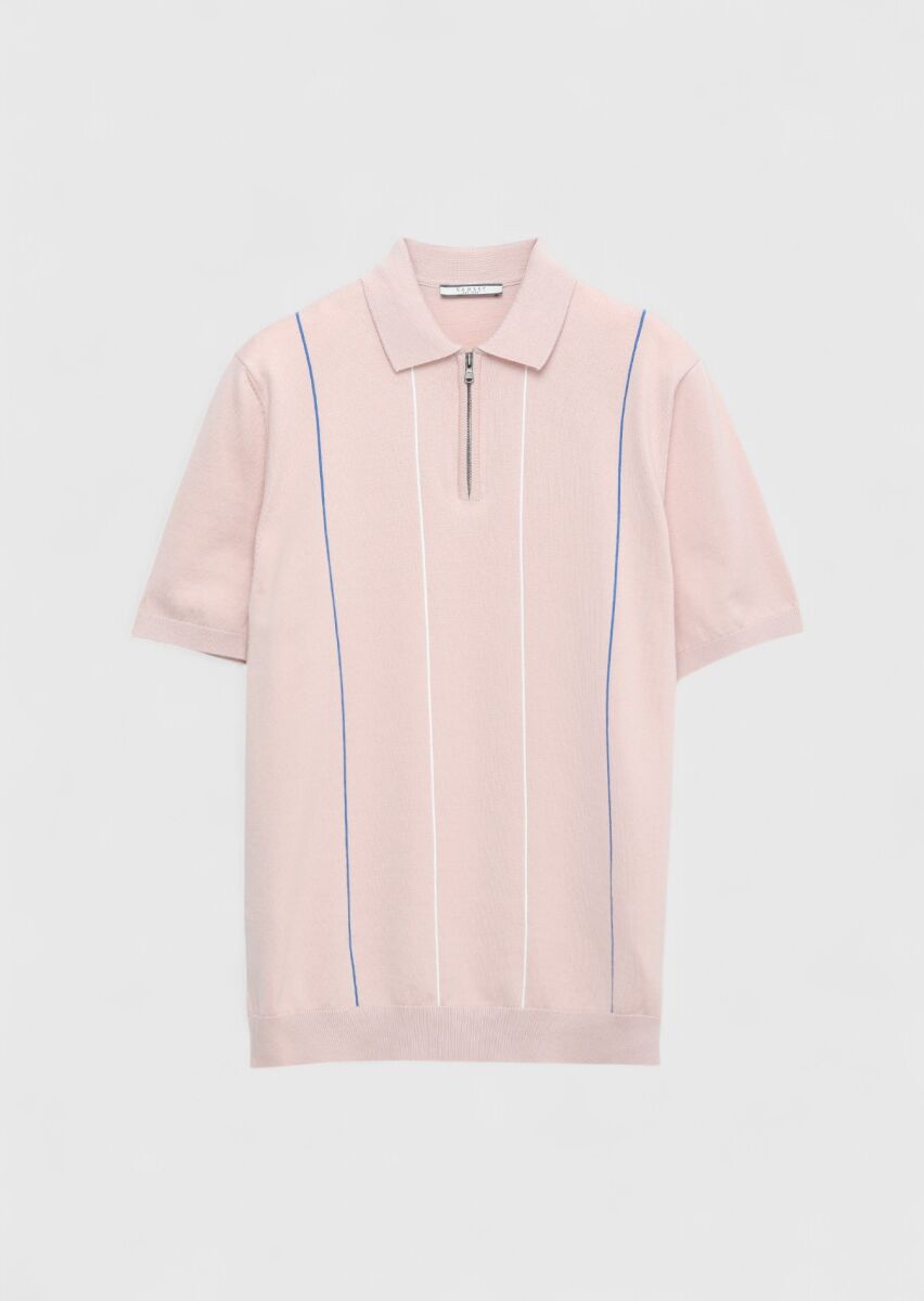 Pembe Polo Yaka Çizgili Pamuk Karışımlı Triko - 7