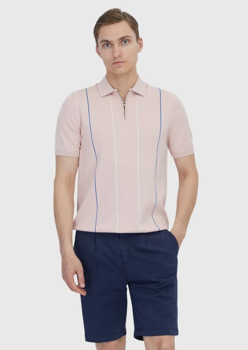 Pembe Polo Yaka Çizgili Pamuk Karışımlı Triko - 1