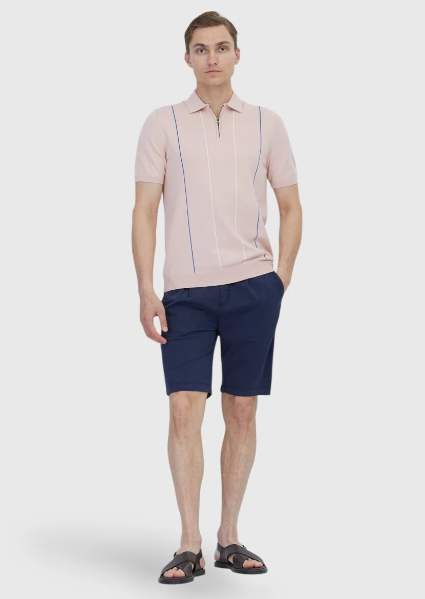 Pembe Polo Yaka Çizgili Pamuk Karışımlı Triko - 2