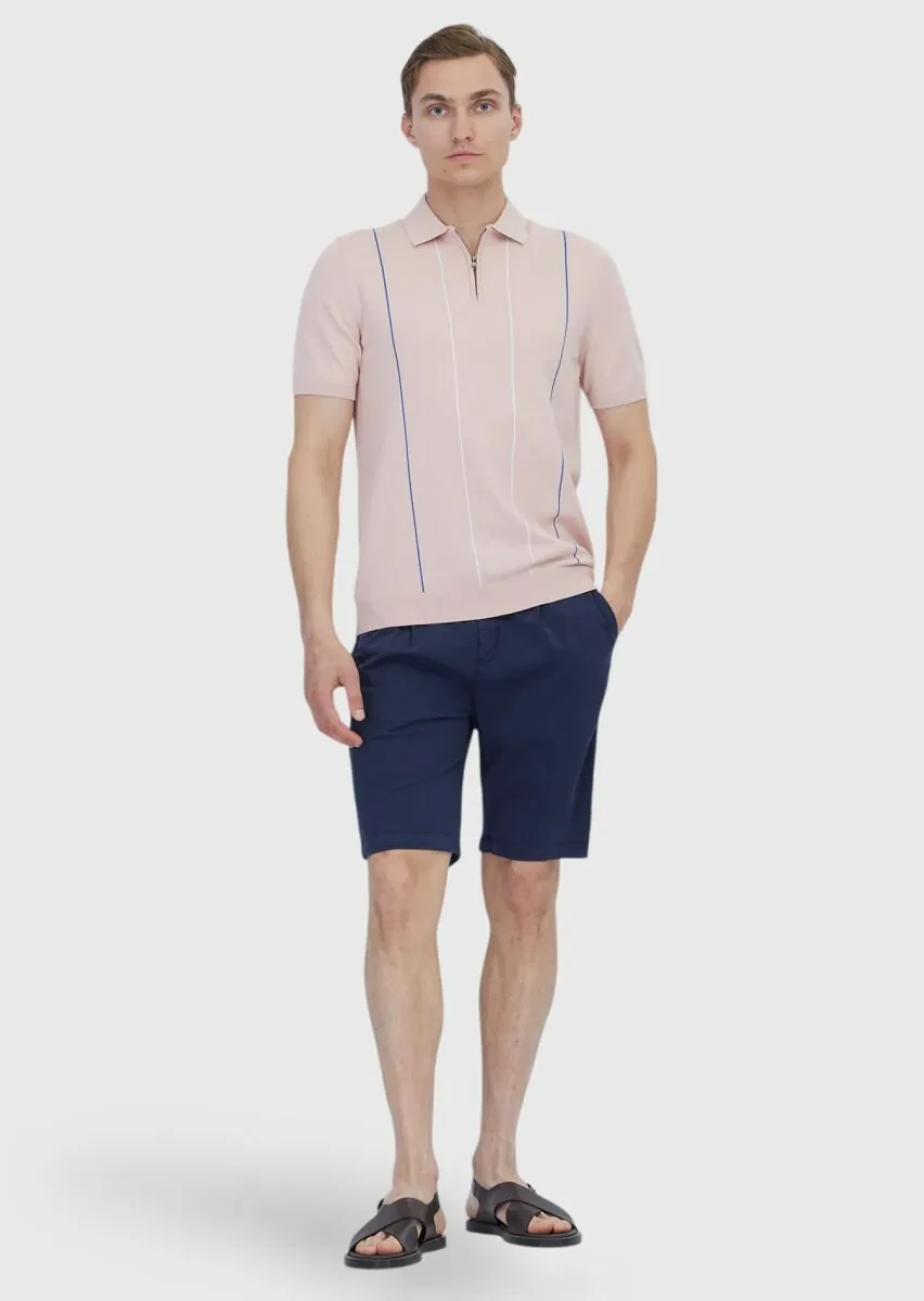 Pembe Polo Yaka Çizgili Pamuk Karışımlı Triko - 2