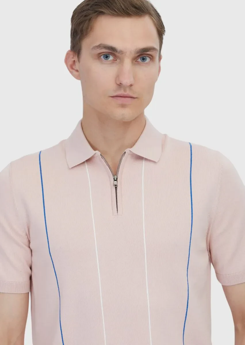 Pembe Polo Yaka Çizgili Pamuk Karışımlı Triko - 3