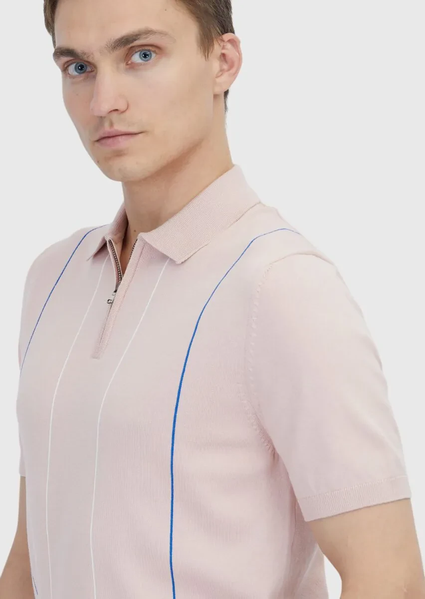 Pembe Polo Yaka Çizgili Pamuk Karışımlı Triko - 4
