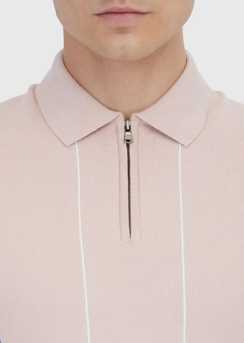 Pembe Polo Yaka Çizgili Pamuk Karışımlı Triko - 5