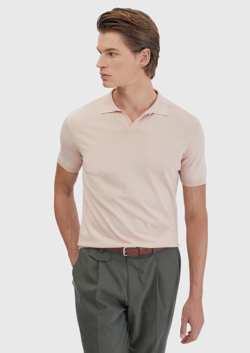 Pembe Polo Yaka Düz Örgü Triko - 1