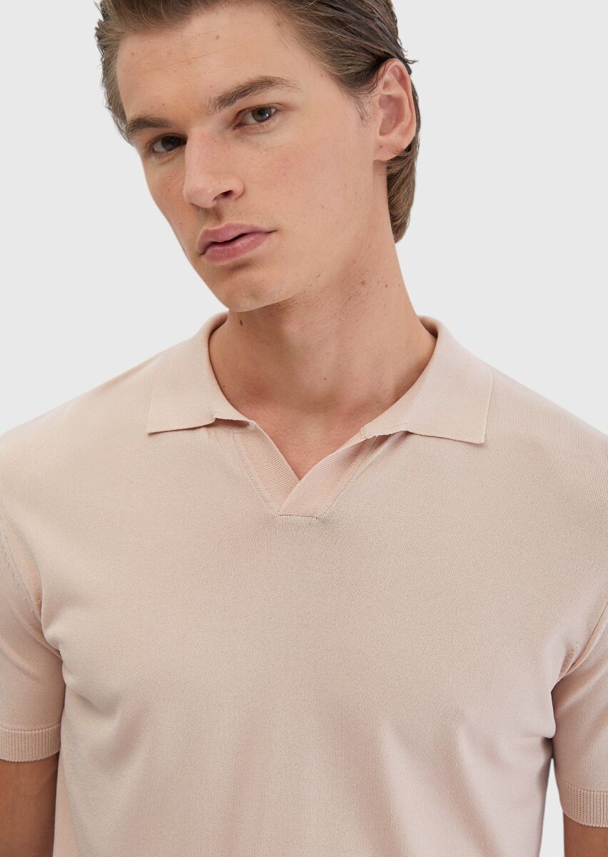 Pembe Polo Yaka Düz Örgü Triko - 3