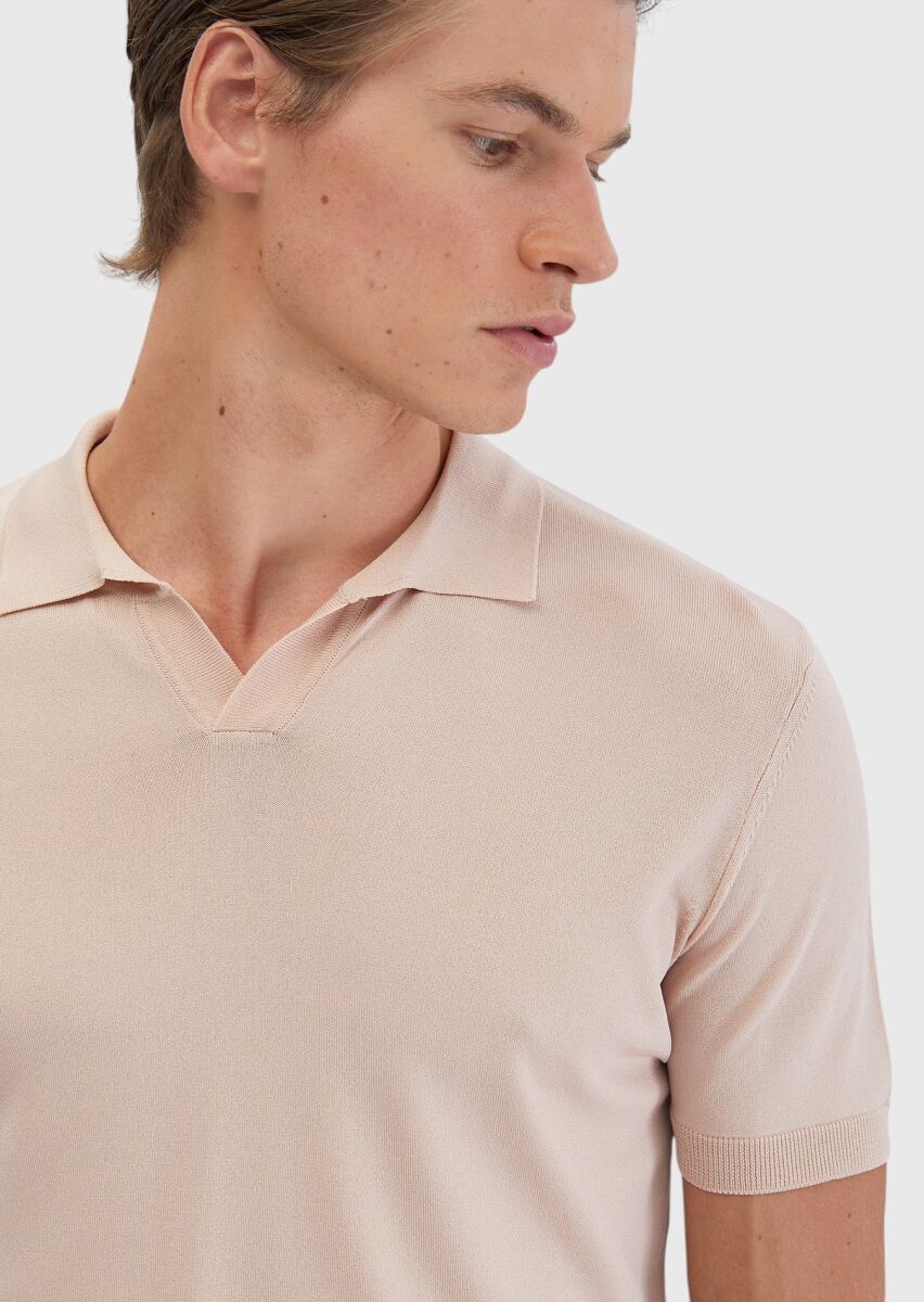 Pembe Polo Yaka Düz Örgü Triko - 4