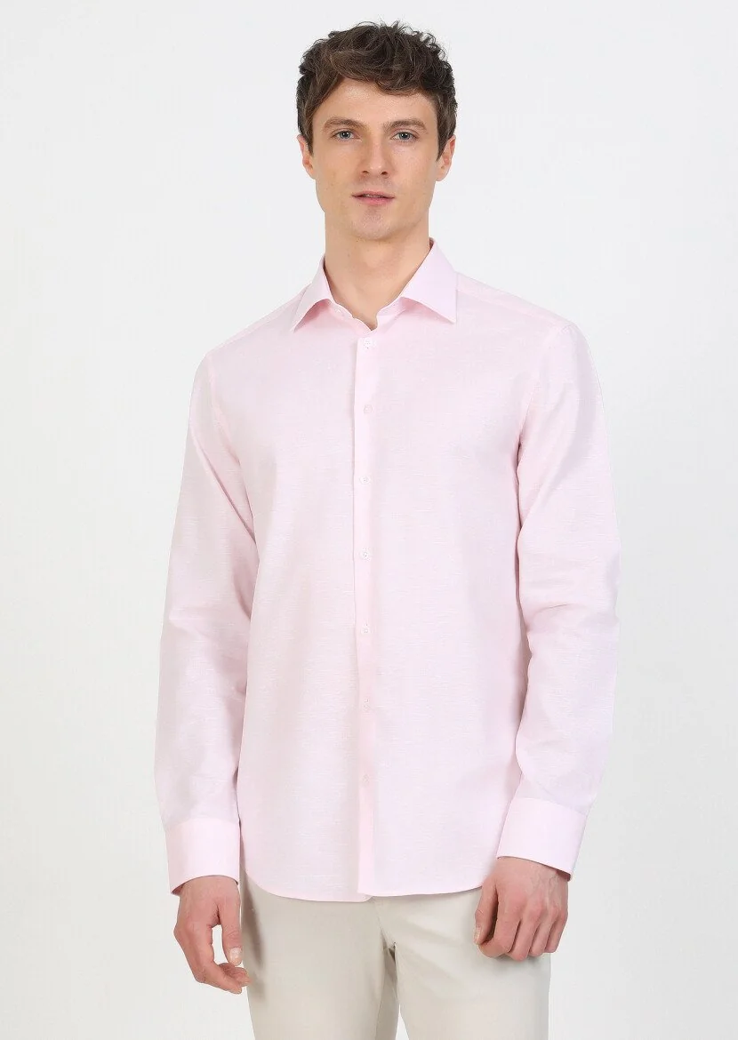 Pembe Regular Fit Dokuma Klasik Pamuk Karışımlı Gömlek 