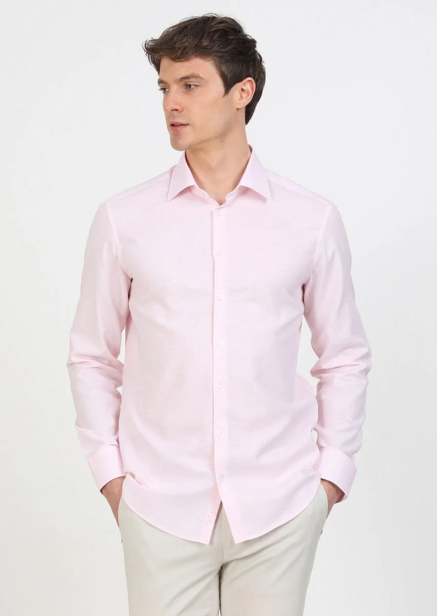 Pembe Regular Fit Dokuma Klasik Pamuk Karışımlı Gömlek - 2