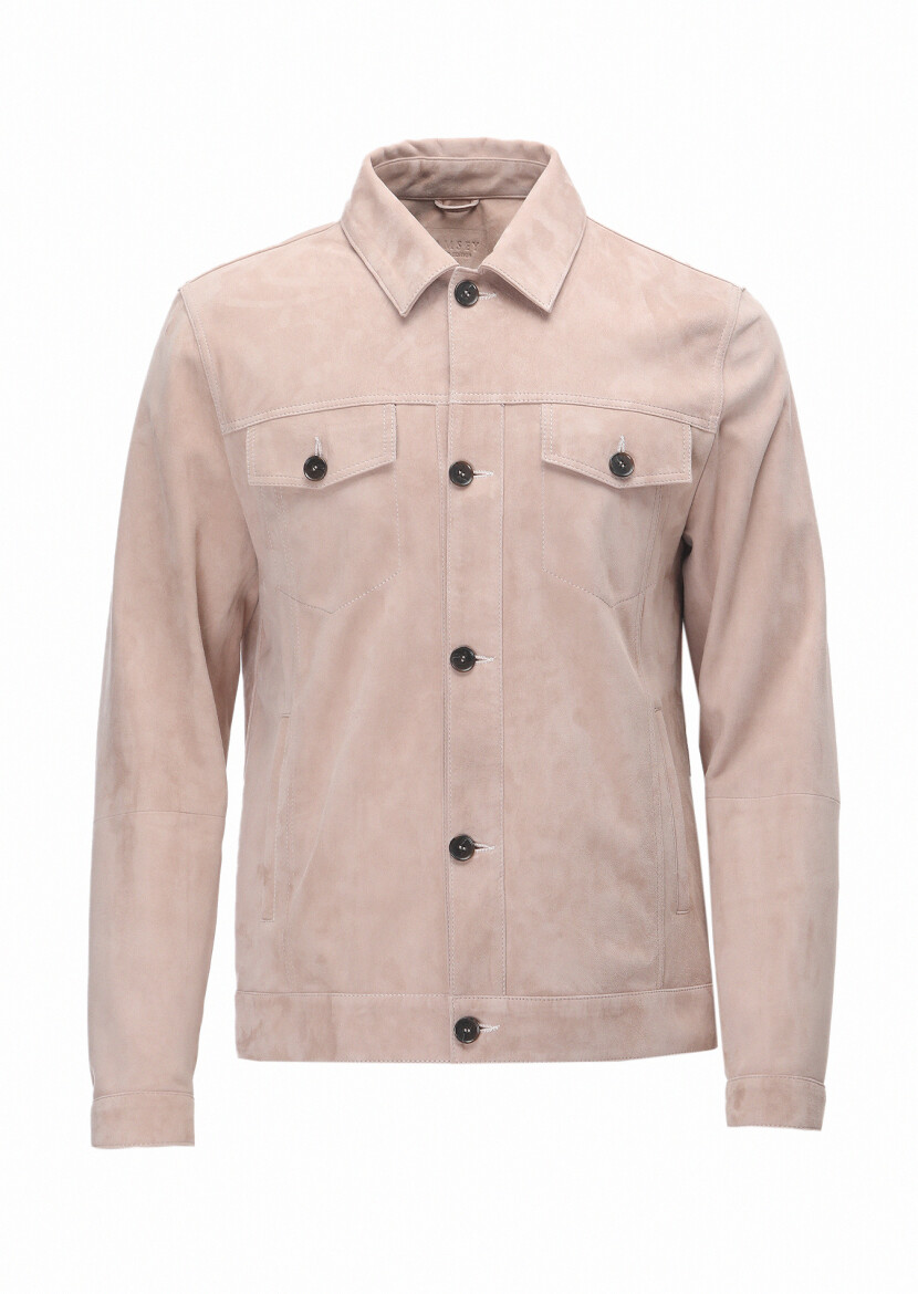 Pembe Regular Fit Gömlek Yaka Casual Süet Deri Mont 
