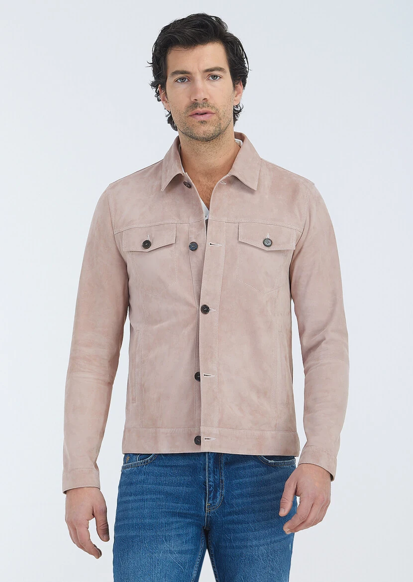 Pembe Regular Fit Gömlek Yaka Casual Süet Deri Mont 
