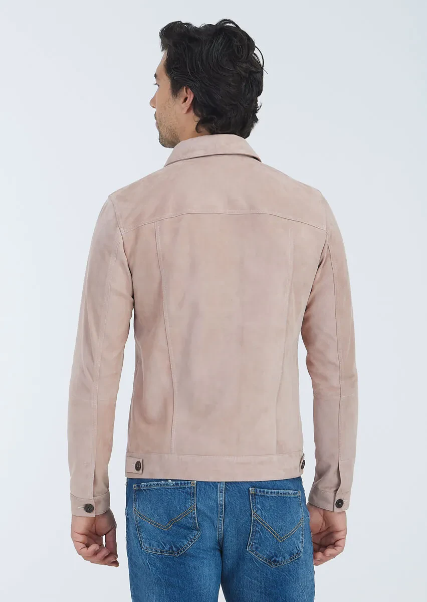Pembe Regular Fit Gömlek Yaka Casual Süet Deri Mont - 5