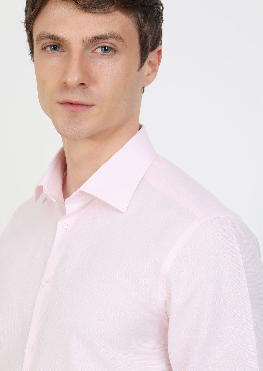 Pembe Regular Fit Uzun Dokuma Klasik Pamuk Karışımlı Gömlek - 3