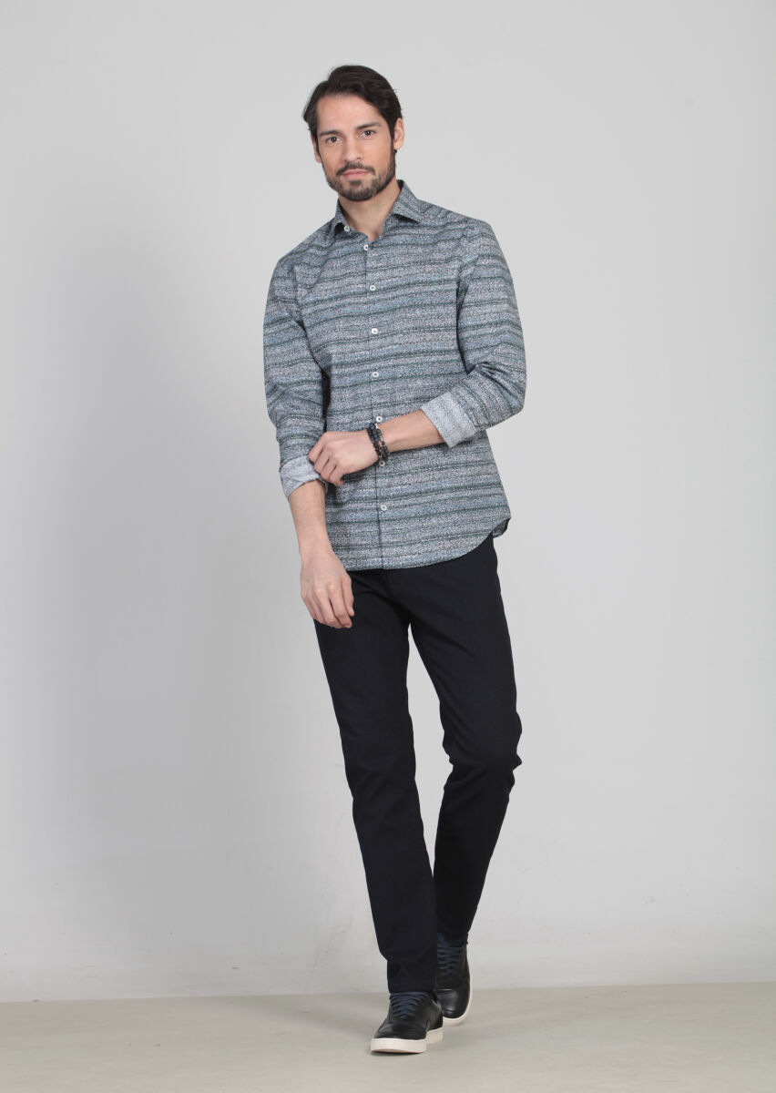 Petrol Baskılı Fitted Fit Uzun Dokuma Casual %100 Pamuk Gömlek - 1