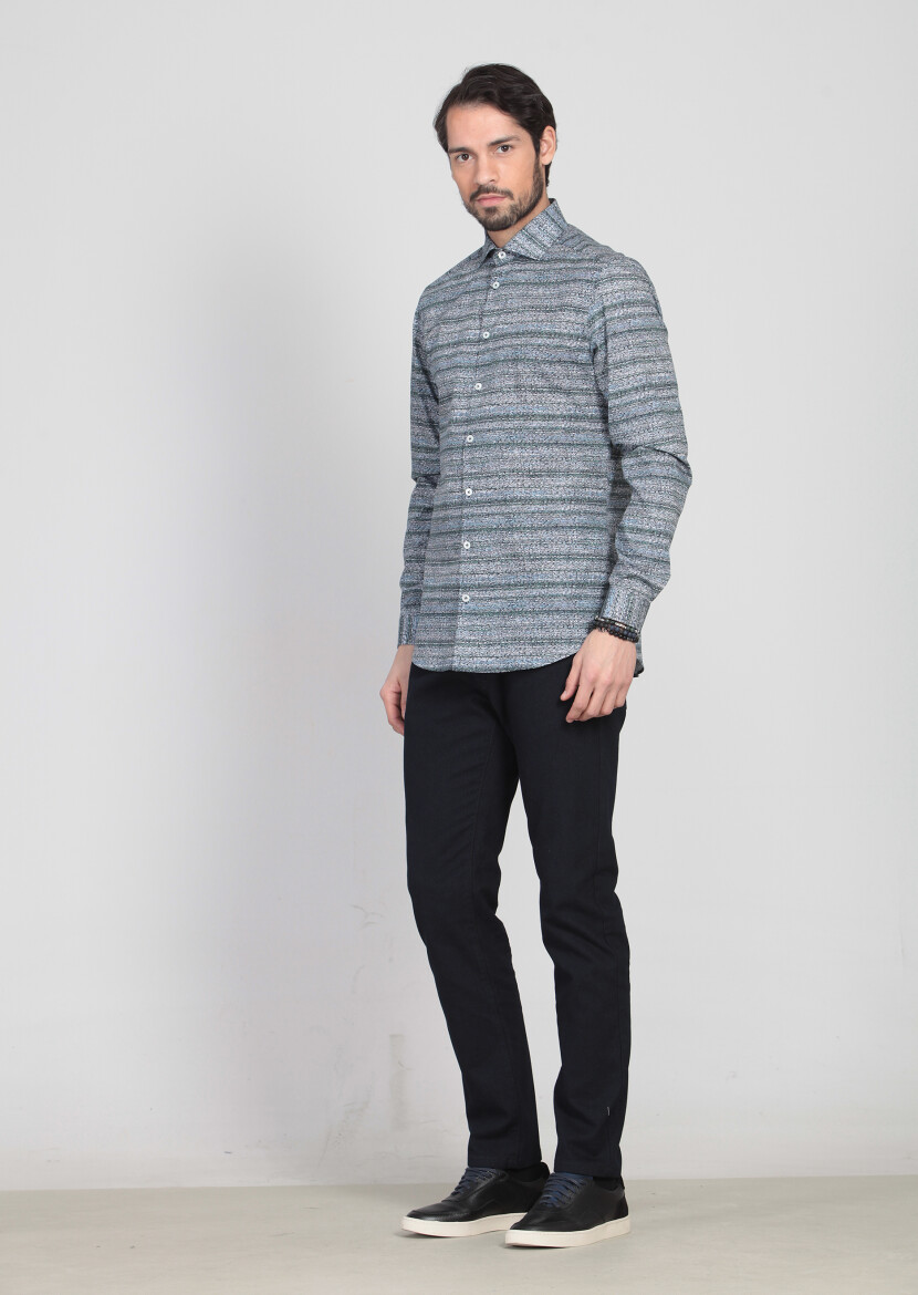 Petrol Baskılı Fitted Fit Uzun Dokuma Casual %100 Pamuk Gömlek - 2