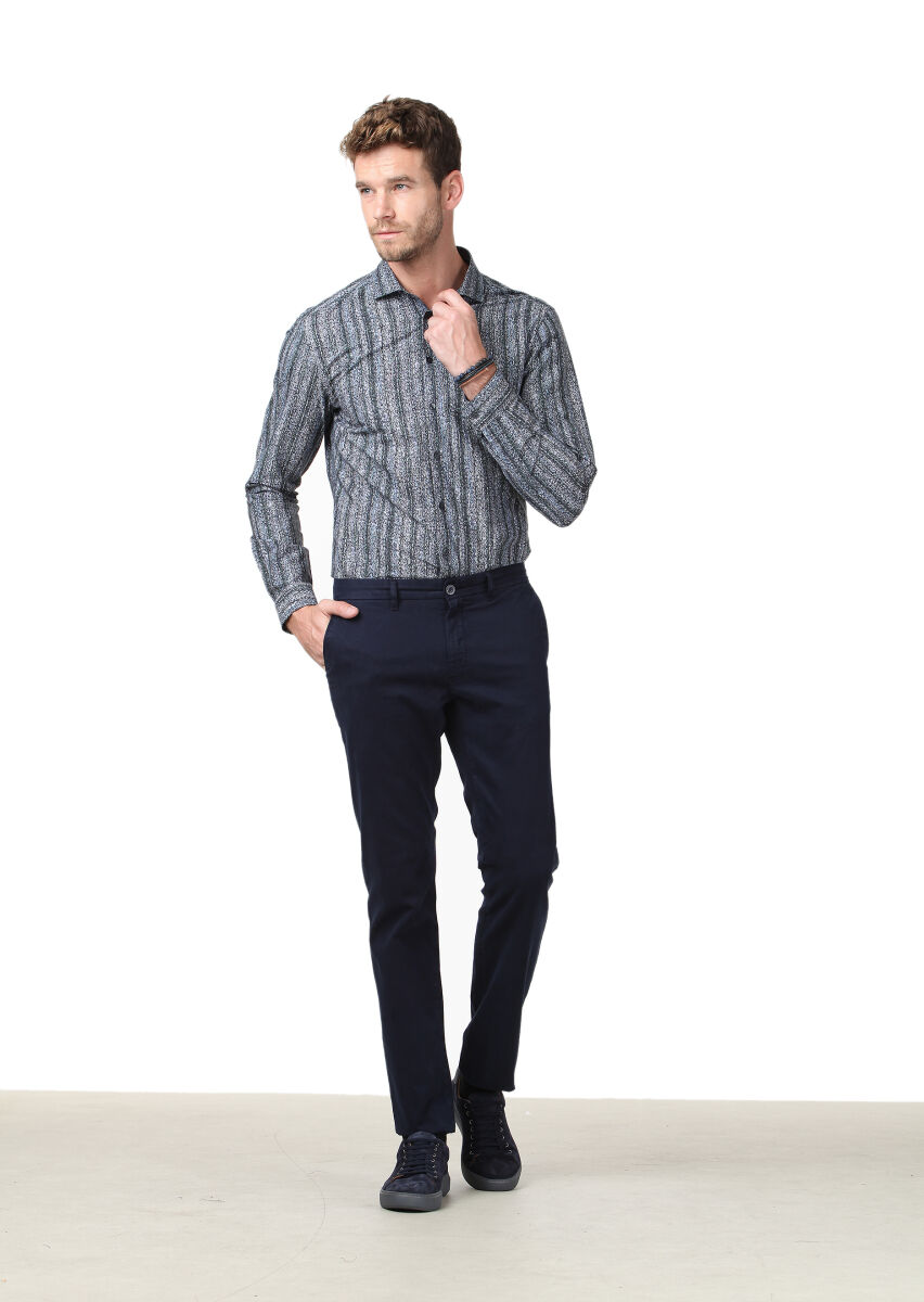 Petrol Baskılı Fitted Fit Uzun Dokuma Casual %100 Pamuk Gömlek - 2