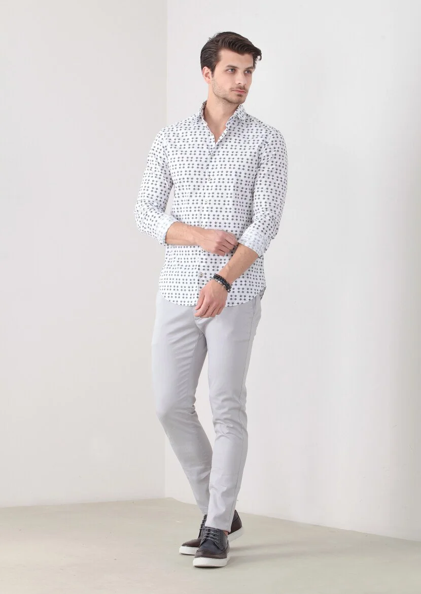 Petrol Baskılı Slim Fit Dokuma Casual %100 Pamuk Gömlek 