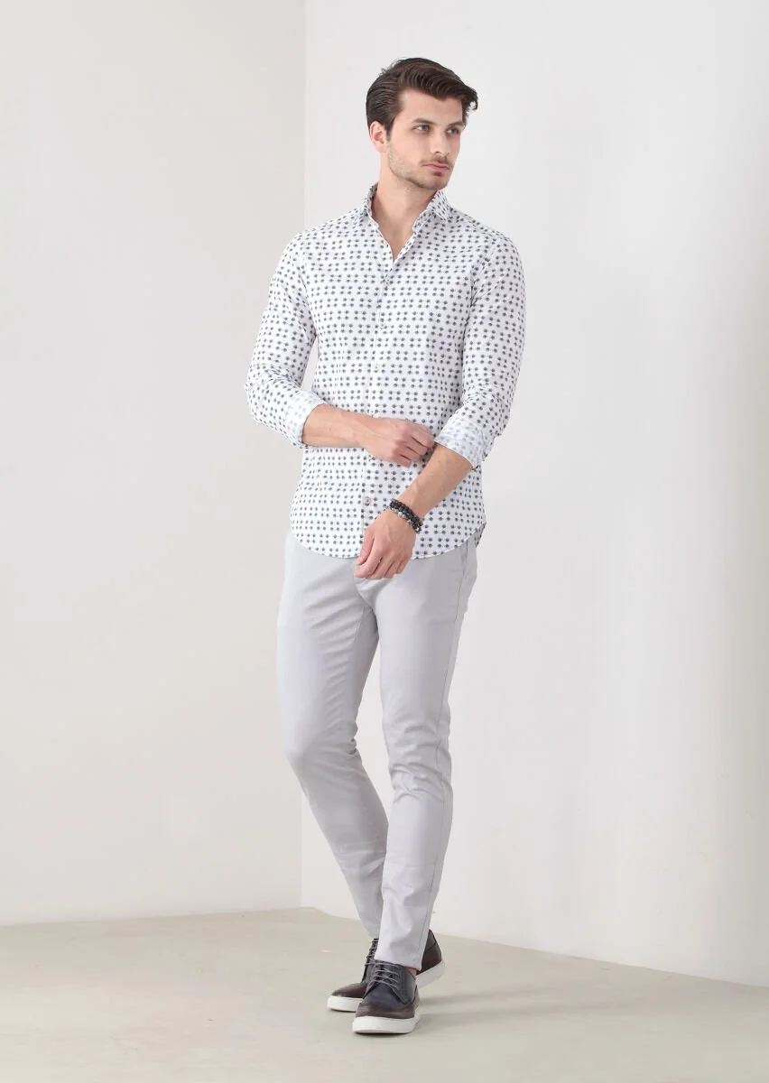 Petrol Baskılı Slim Fit Dokuma Casual %100 Pamuk Gömlek - 2