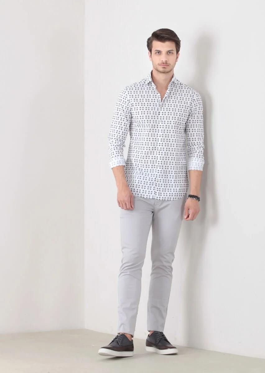 Petrol Baskılı Slim Fit Dokuma Casual %100 Pamuk Gömlek - 3