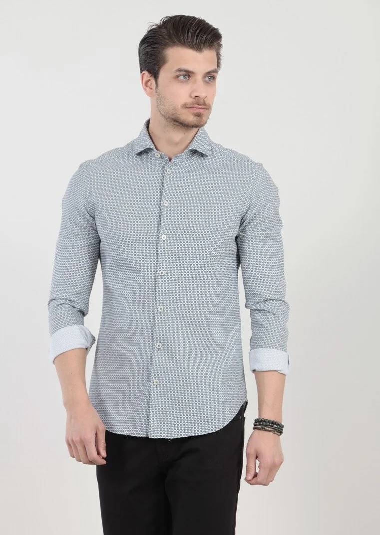 Petrol Baskılı Slim Fit Dokuma Casual %100 Pamuk Gömlek 