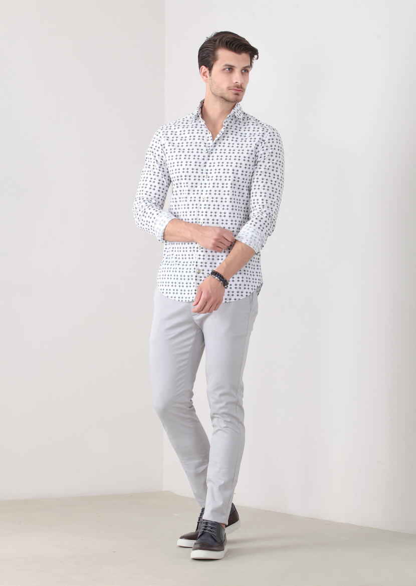 Petrol Baskılı Slim Fit Uzun Dokuma Casual %100 Pamuk Gömlek 