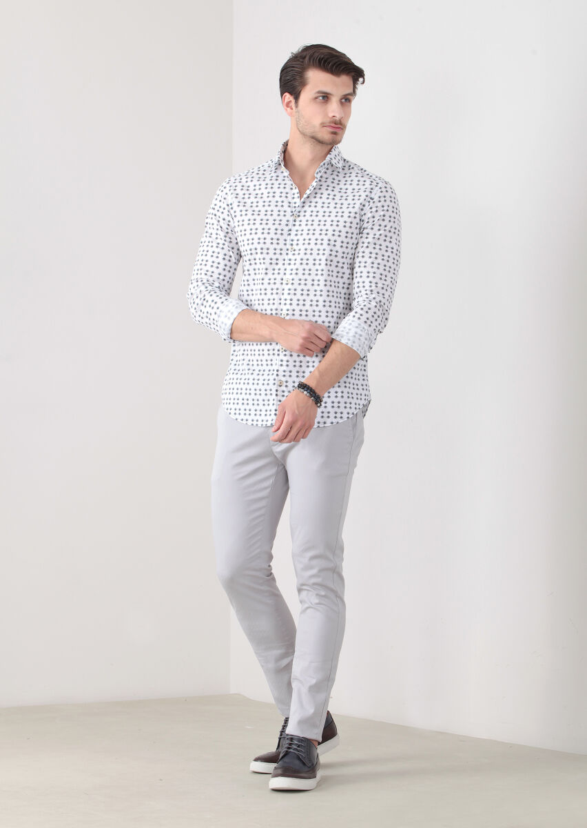 Petrol Baskılı Slim Fit Uzun Dokuma Casual %100 Pamuk Gömlek - 2