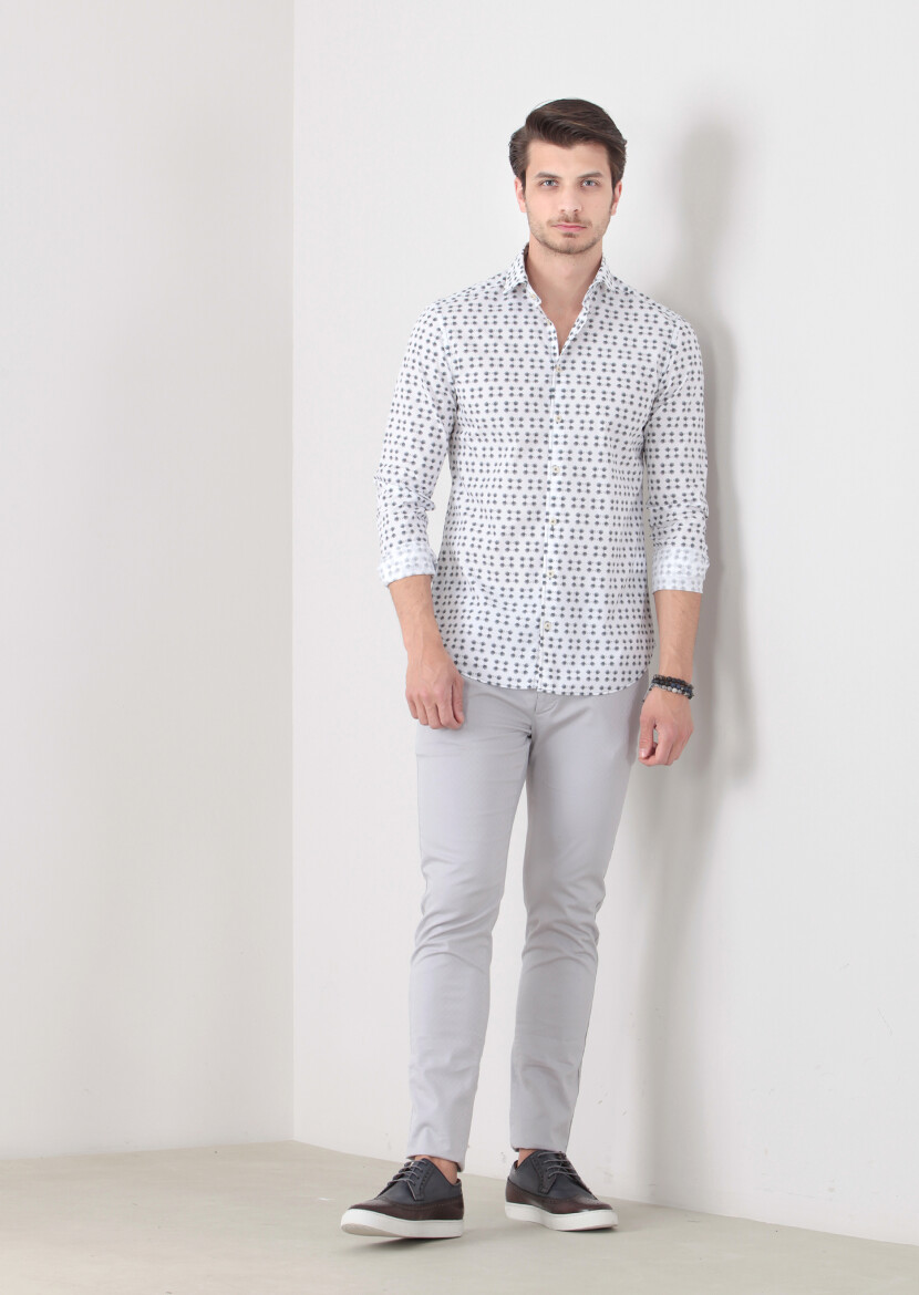 Petrol Baskılı Slim Fit Uzun Dokuma Casual %100 Pamuk Gömlek - 3