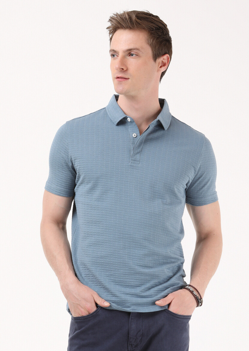 Petrol Blue Jacquard Polo Neck 100% Cotton T-Shirt - 1
