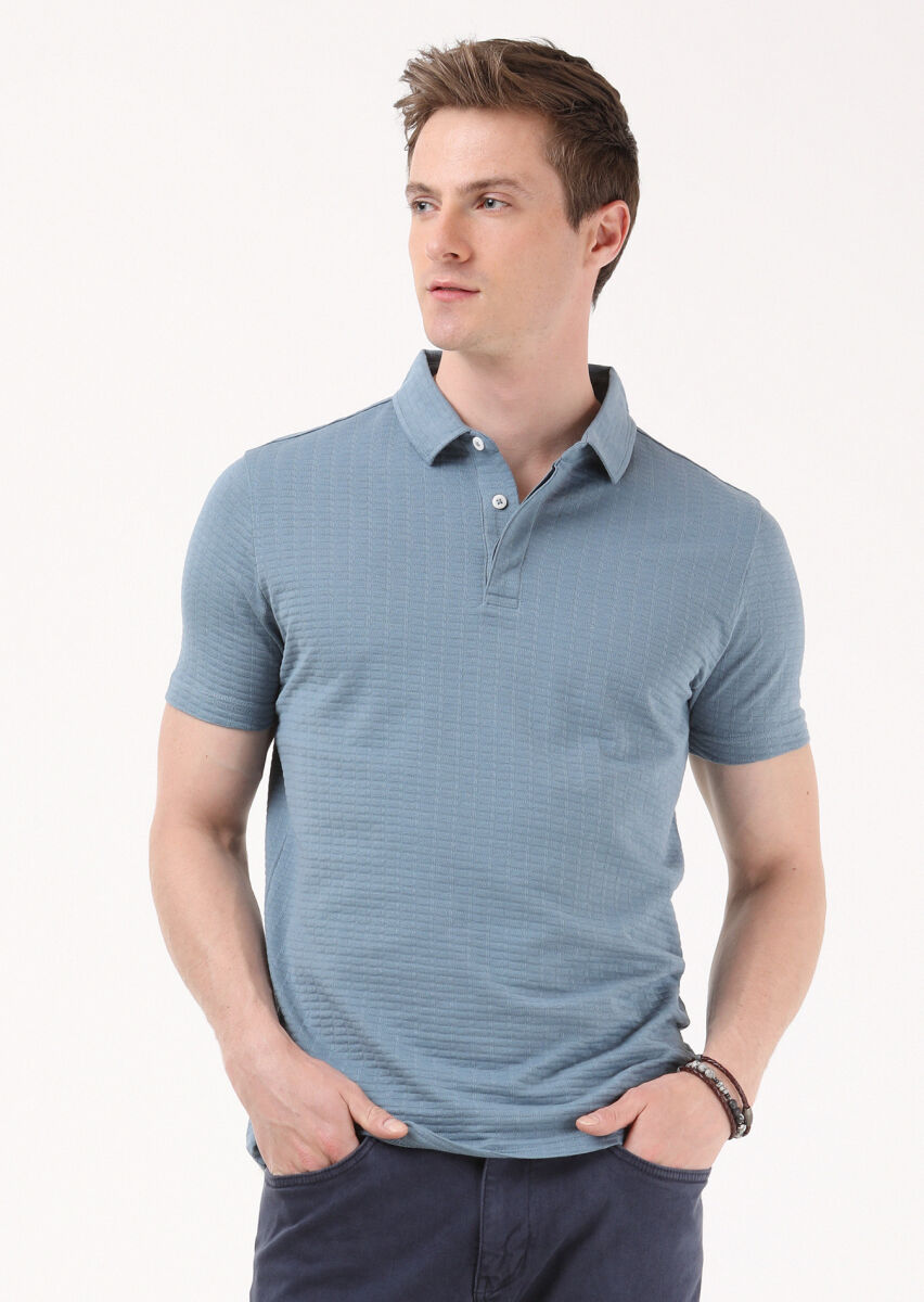 Petrol Blue Jacquard Polo Neck 100% Cotton T-Shirt - 1