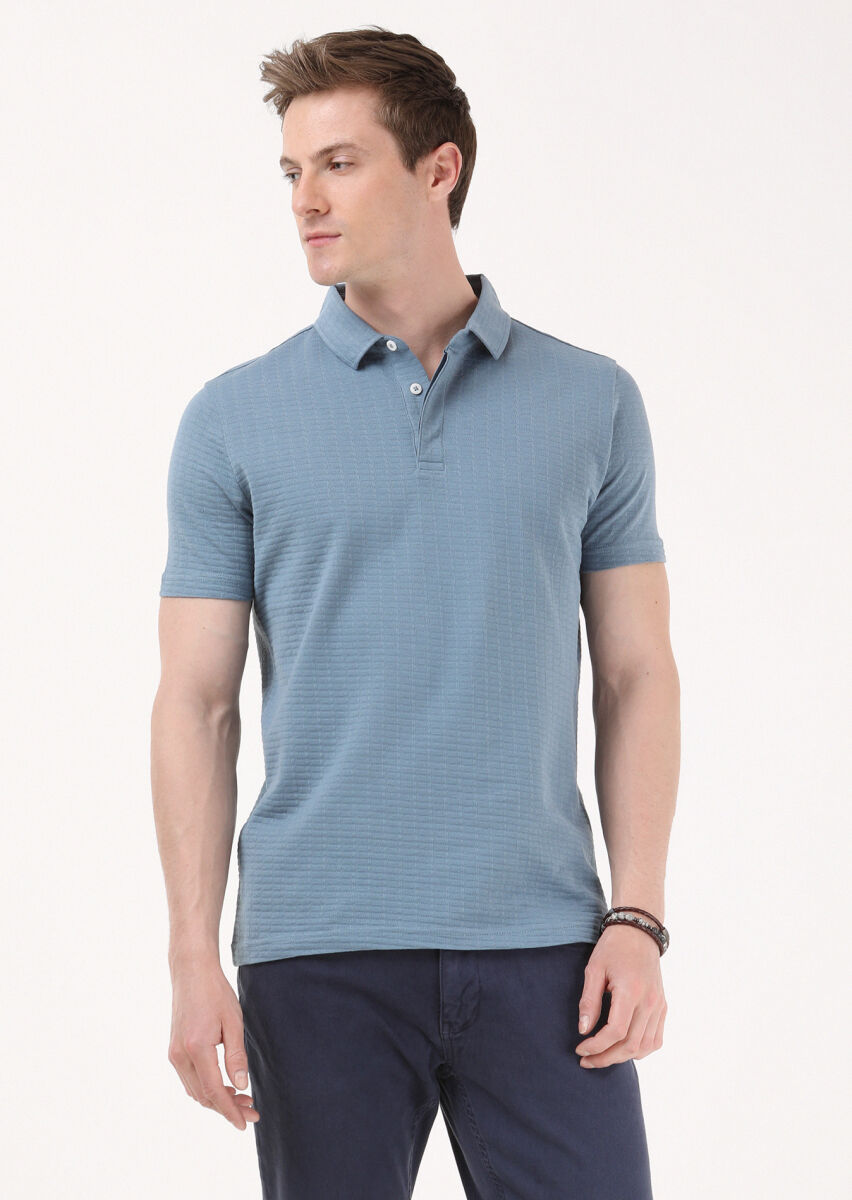Petrol Blue Jacquard Polo Neck 100% Cotton T-Shirt - 2