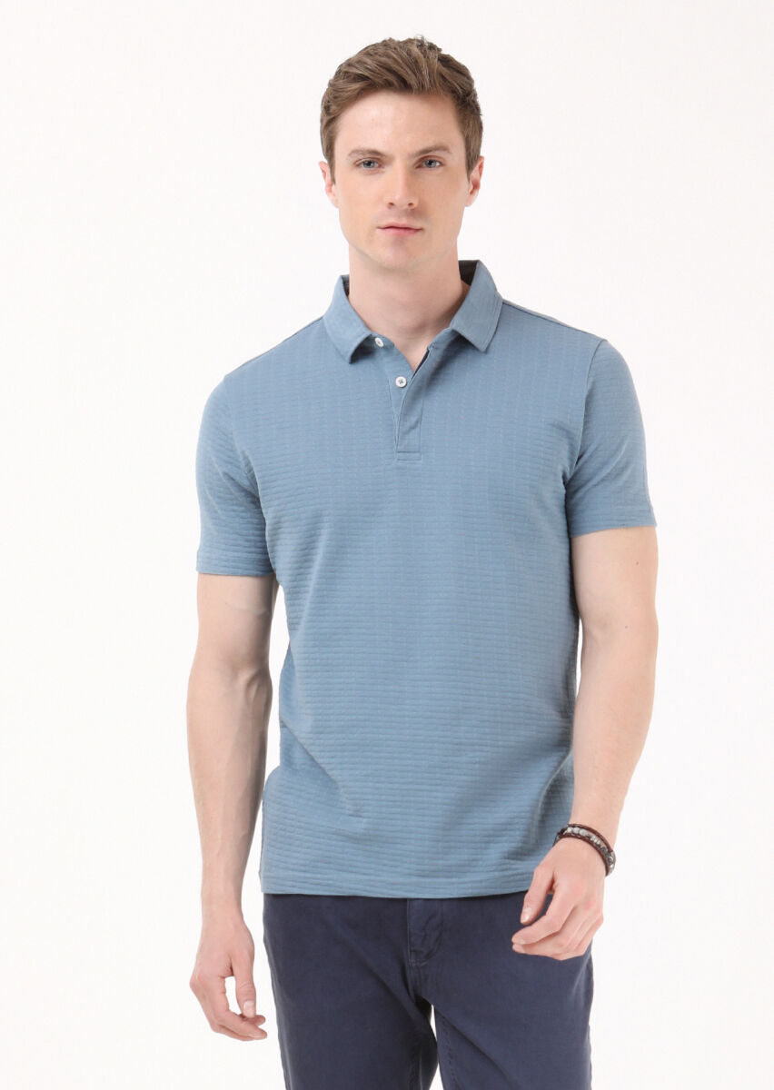 Petrol Blue Jacquard Polo Neck 100% Cotton T-Shirt - 4