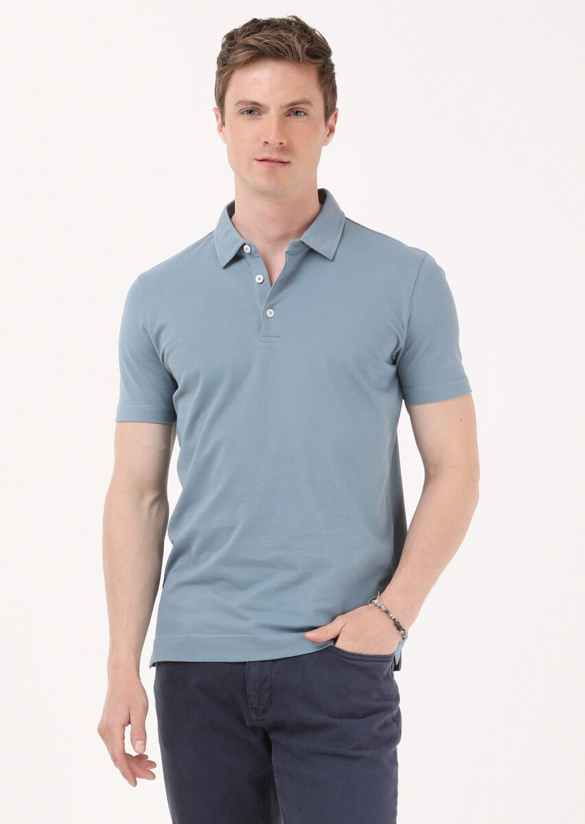 Petrol Blue Jacquard Polo Neck 100% Cotton T-Shirt - 1